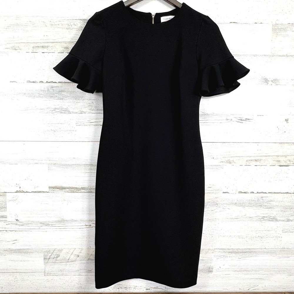 Calvin Klein Black Sheath Pencil‎ Dress Women's Size 6 Ruffle Sleeve Career